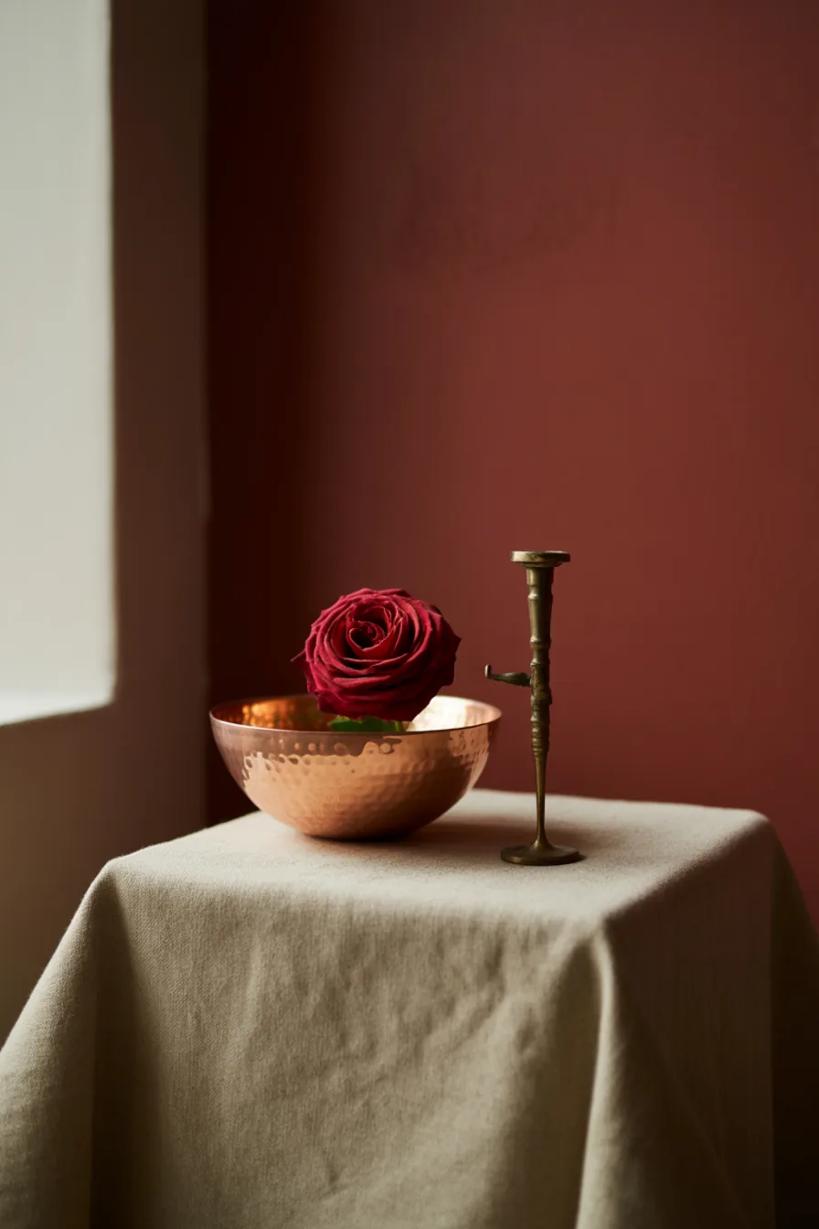 Tigela de cobre com uma rosa vermelha e castiçal de latão sobre linho cru, parede vinho ao fundo e luz lateral de janela