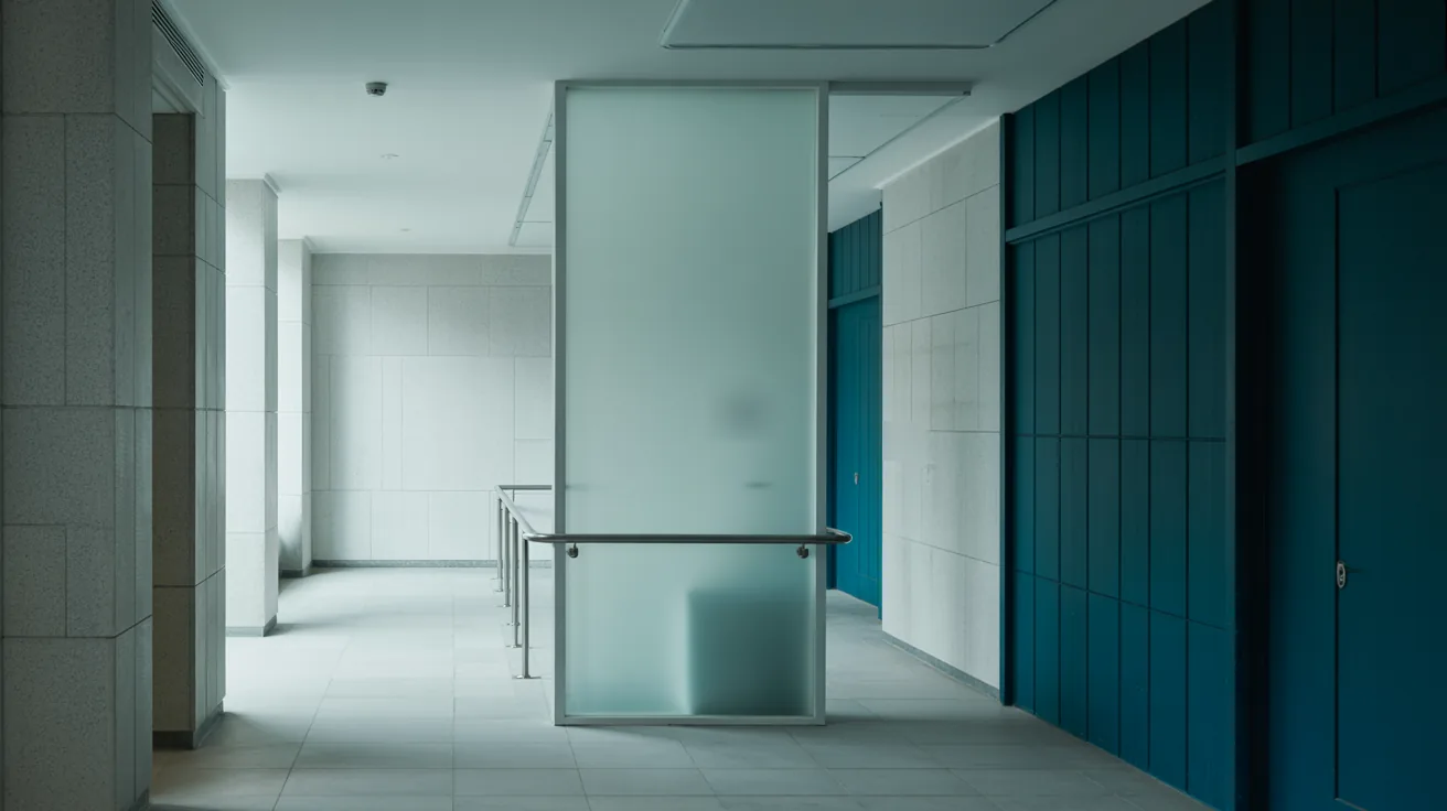 Corredor da clínica com divisória de vidro jateado, portas em teal e luz natural rasante