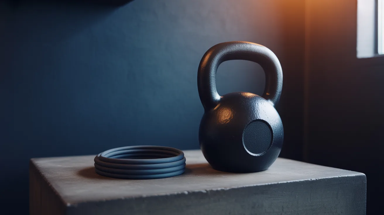 Kettlebell e faixa elástica sobre bloco de concreto na sala de carga