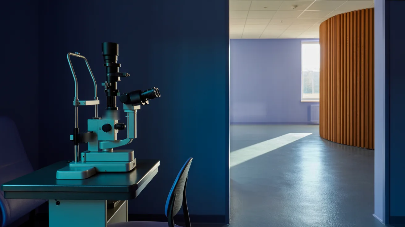 Sala de exame da clínica com lâmpada de fenda em primeiro plano, cadeira de exame, divisória ripada de carvalho e luz de dia ao fundo