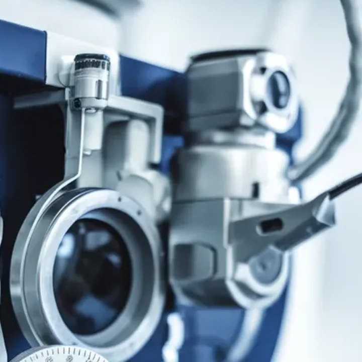 Detalhe do foróptero: lente de teste em aro de metal escovado sobre o corpo azul do aparelho