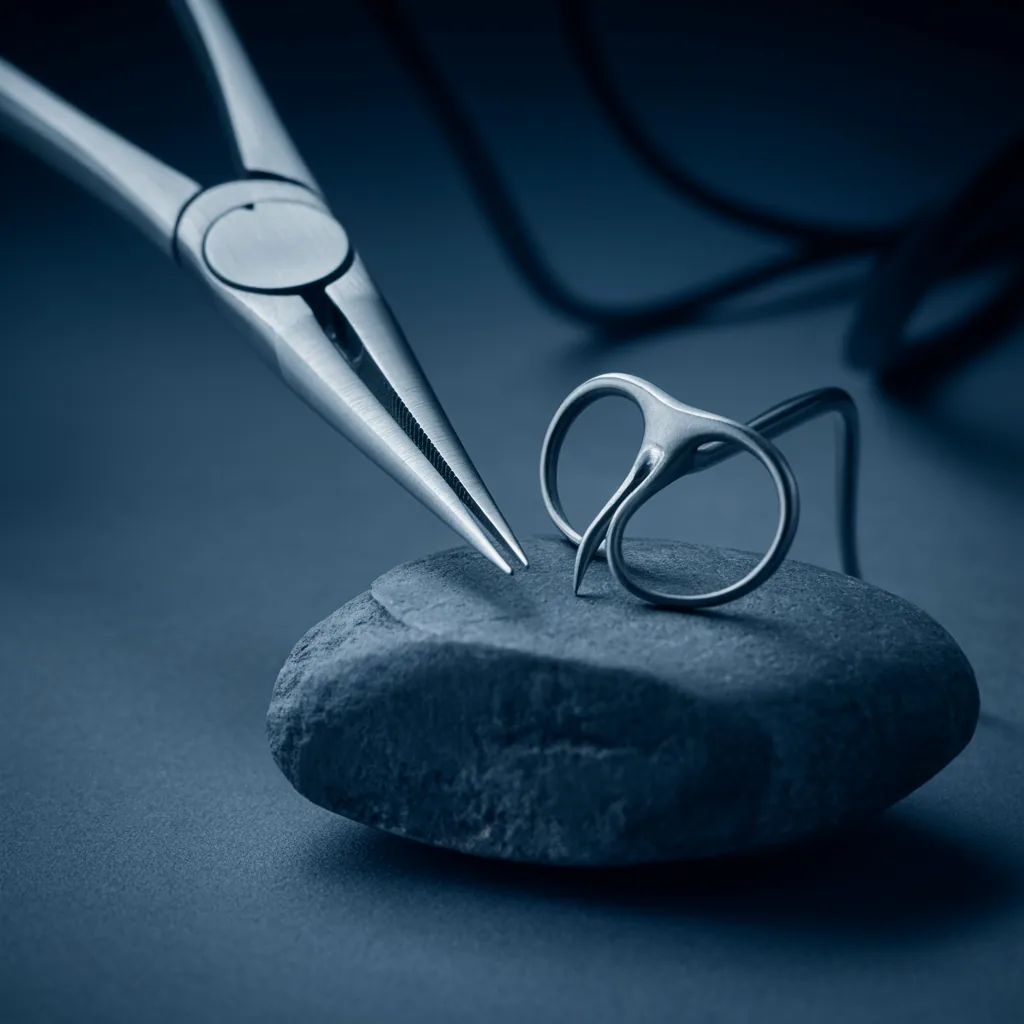 Pinça de microcirurgia oftálmica e blefarostato de titânio sobre pedra escura, em luz azul rasante