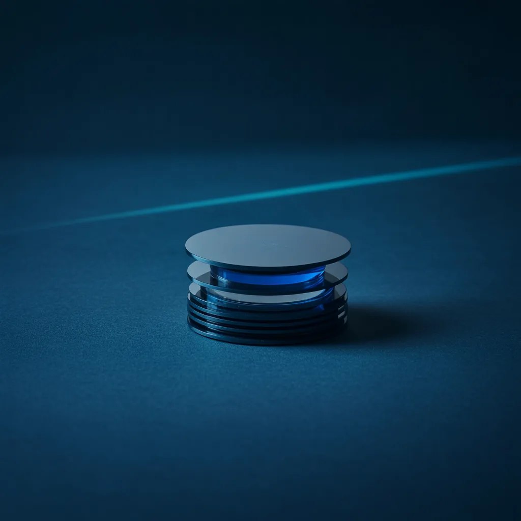 Empilhamento de lentes ópticas polidas com tratamento antirreflexo azul sobre superfície navy fosca