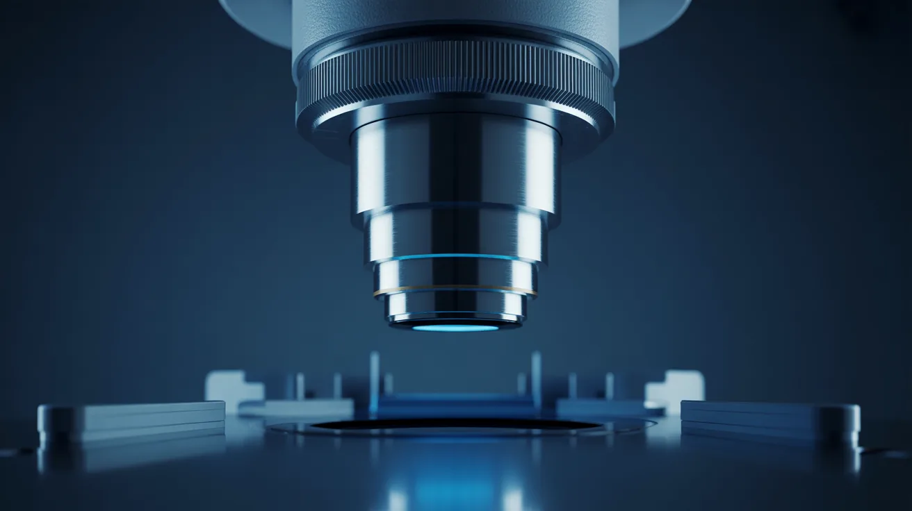 Objetiva de microscópio cirúrgico em detalhe, com anéis de metal escovado e um arco de luz azul, sobre fundo navy